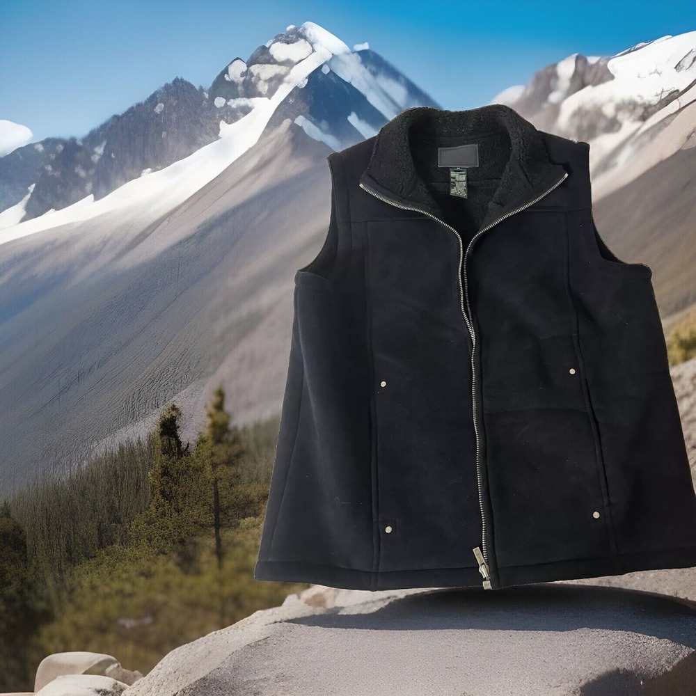 Y2K Ralph Lauren Womens Faux Suede Vest Black M Fleece Lined‎ Zip Front Pockets